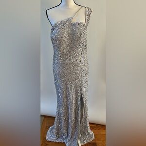 Women's Wedding Gown White With Silver Sequence One Shoulder High Slit, Size 16